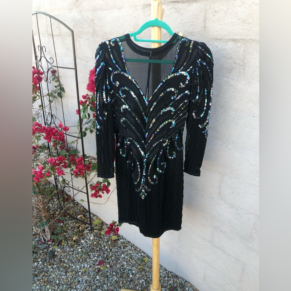Vintage mesh sequin beaded silk mini dress with long sleeve holiday sparkle - Picture 8 of 16